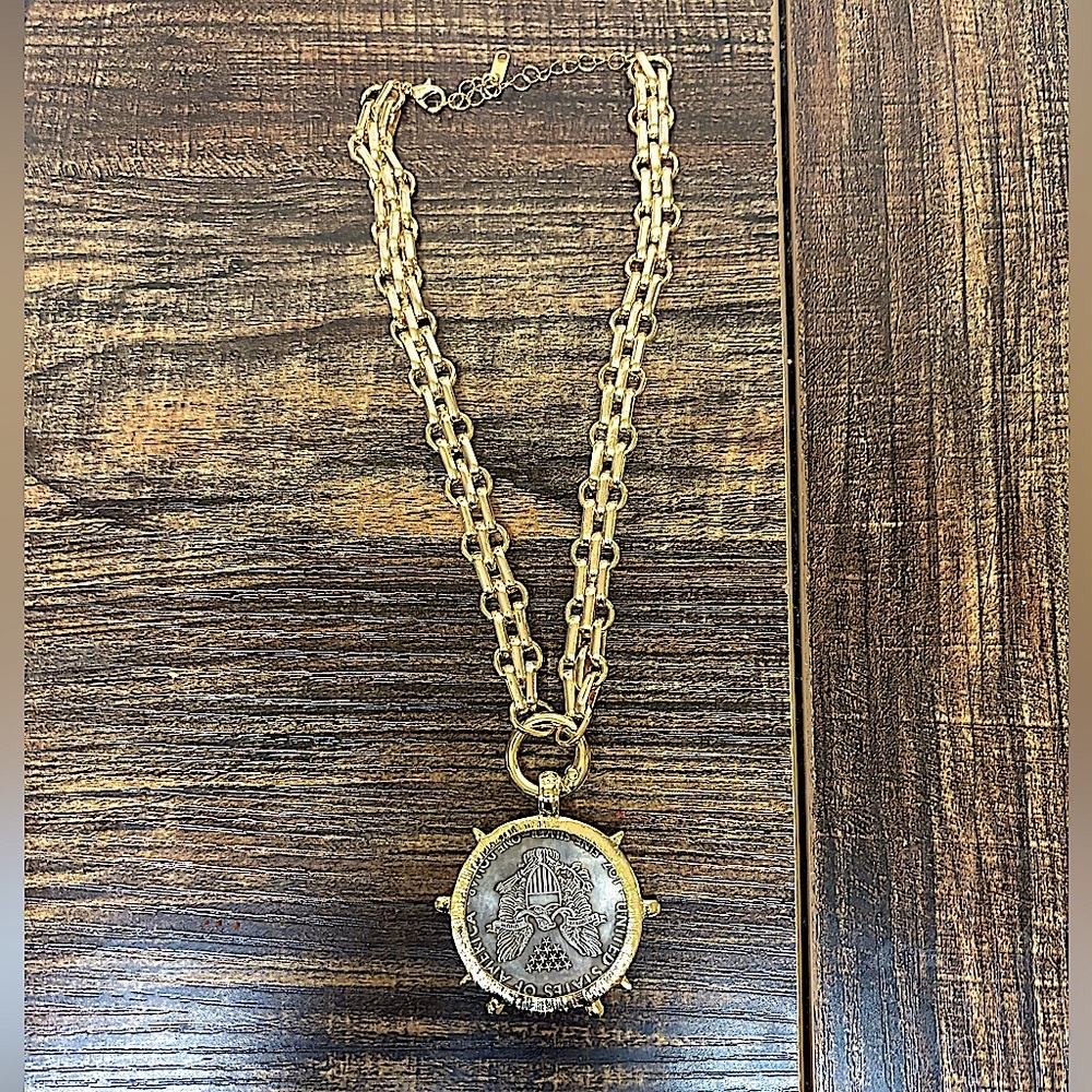 Gold Liberty Coin Statement Necklace Large Chunky Clavicle Choker - Picture 2 of 3